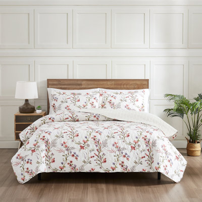 Modern Threads Ariana 3-Piece Floral Stripe Quilt Set, Soft Cotton Lightweight Bedspread with Reversible Design and 2 Pillow Shams