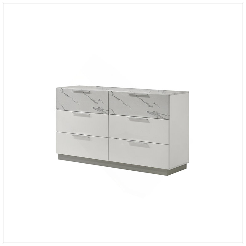 Commode Mist White - Finition bicolore très lustrée en marbre et en laque avec six tiroirs spacieux, intérieurs doublés de velours