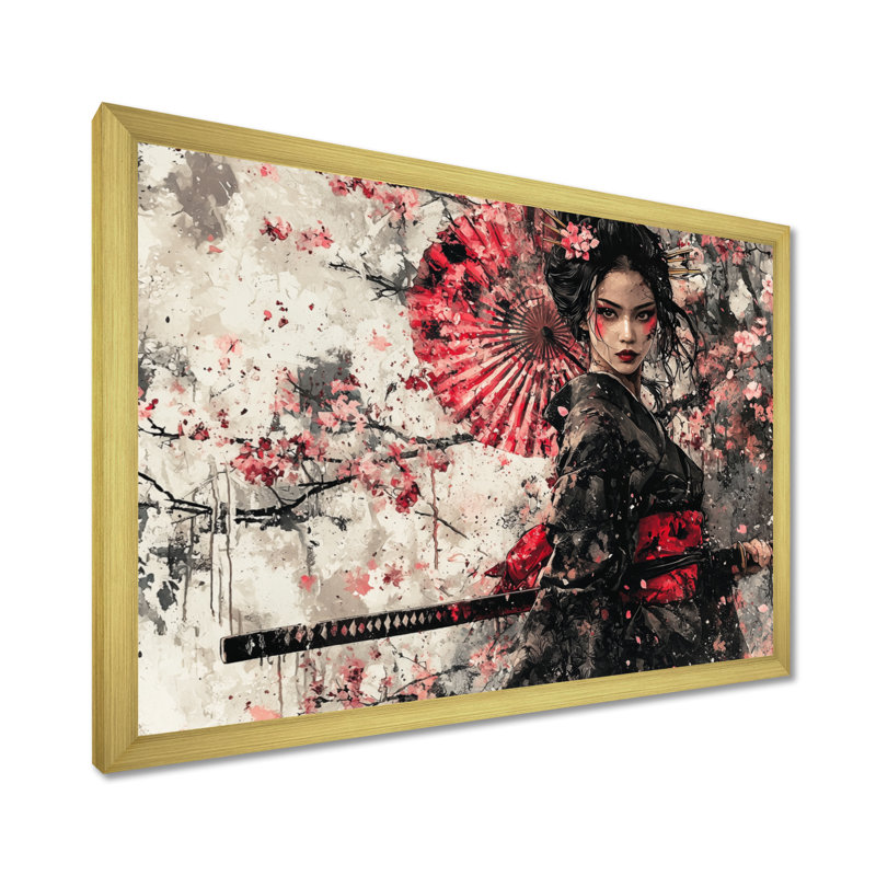 «Samurai japonais, femme en fleurs», art mural japonais, H 12 po x l 20 po, Reproduction encadrée d'une seule photo, Doré