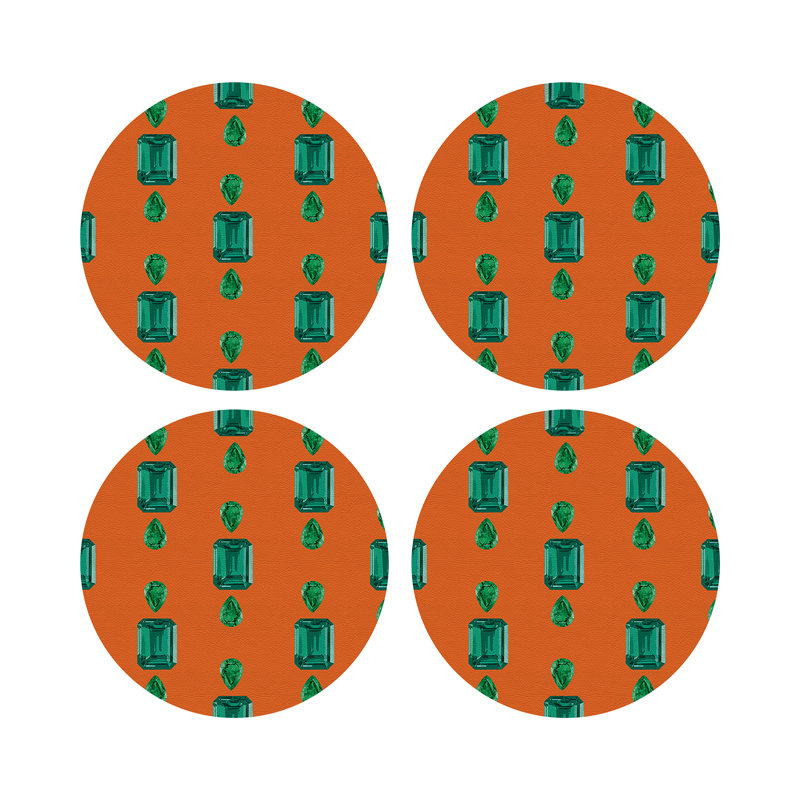 Gem Emeralds Vegan Leather Round Pebble Placemat, Orange, Emeralds