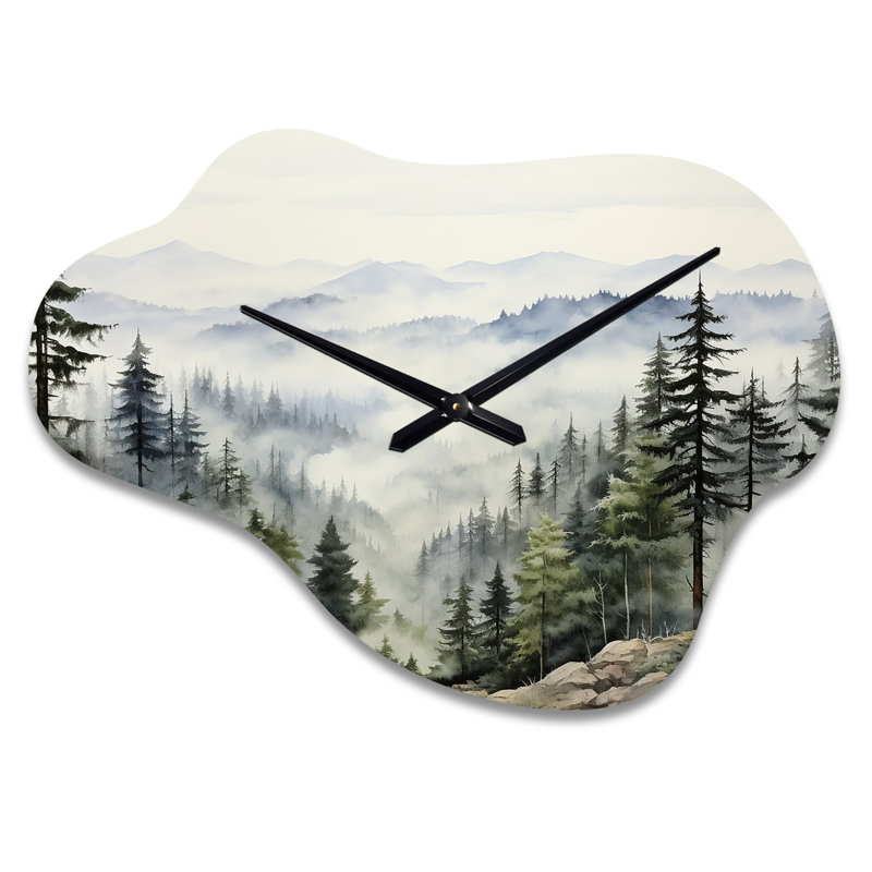 Pine Tree Misty Mountain I - Horloges murales asymétriques en métal pin, horloge murale nuage vert, Grand