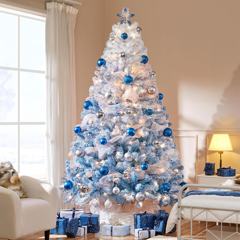 Arbre de Noël artificiel 7,5 pi avec 550 lumières blanches incandescentes pré-éclairées, arbre de Noël illuminé enneigé avec 1284 branches et support pliable, dégradé bleu lac