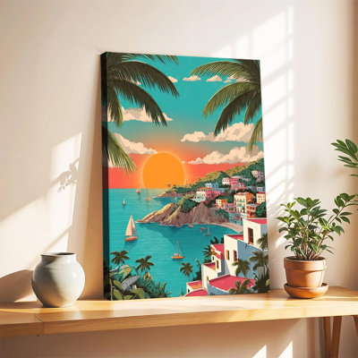 Tropical Sunset Coastal Town Colorful Illustration With Palm Trees And Sailboats Large Gallery Wrapped Canvas Wall Art Print For Living Room Bedroom