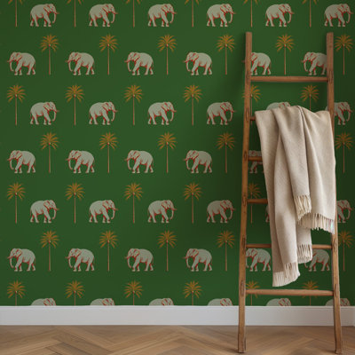 Strolling Elephant - Papier peint vert émeraude
