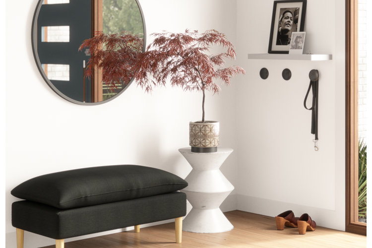 Entryway with seating bench and wall-mounted coat hooks.
