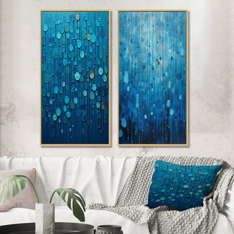 «Abstract Rainy Blue Collage - Abstract Shapes», ensemble de 2 reproductions d'art mural, Encadrement brun, H 28 po x l 25 po