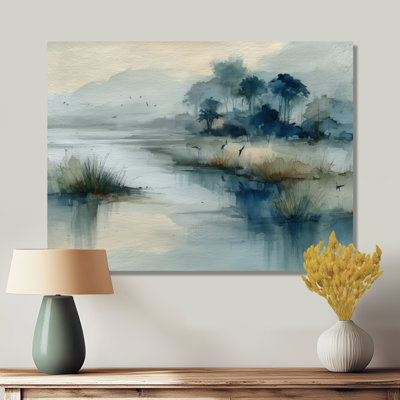 «Blue and Grey Foggy Morning River Run», reproduction d'art sur toile, paysage bleu