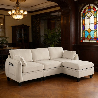 85 Inch Beige Chenille Modular Sectional Sofa, L-Shaped Cloud Couch With Storage Ottoman, DIY Combination Modular Sofa For Living Room, Apartment, Small Space