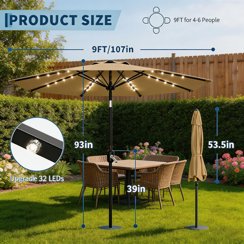 Parasol de patio 9 pi, 8 baleines robustes, avec lumières, Tanné