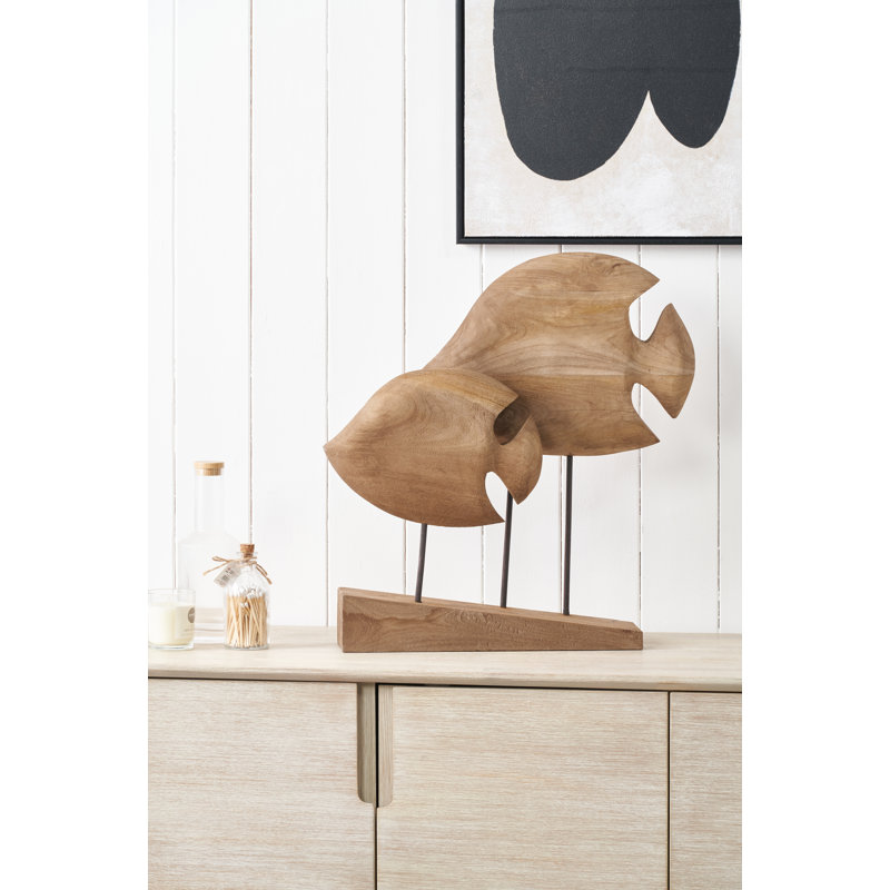 Handcarved Mango Wood Double Teardrop Angelfish Ornament, Natural