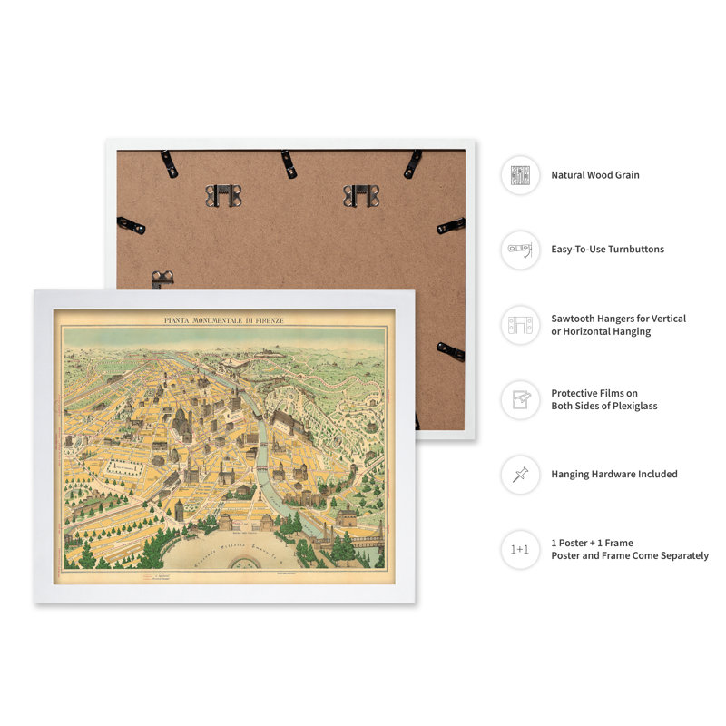 Carte illustrée de Florence, H 08 po x l 10 po, Affiche, Encadrement blanc