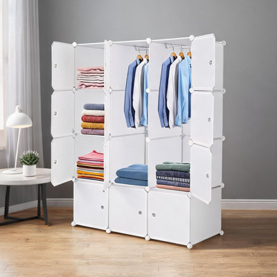 Meuble avec fini blanc, structure en métal, pouvant servir de placard ou de bureau, et étagères. Poids du produit : 8,6 kg.