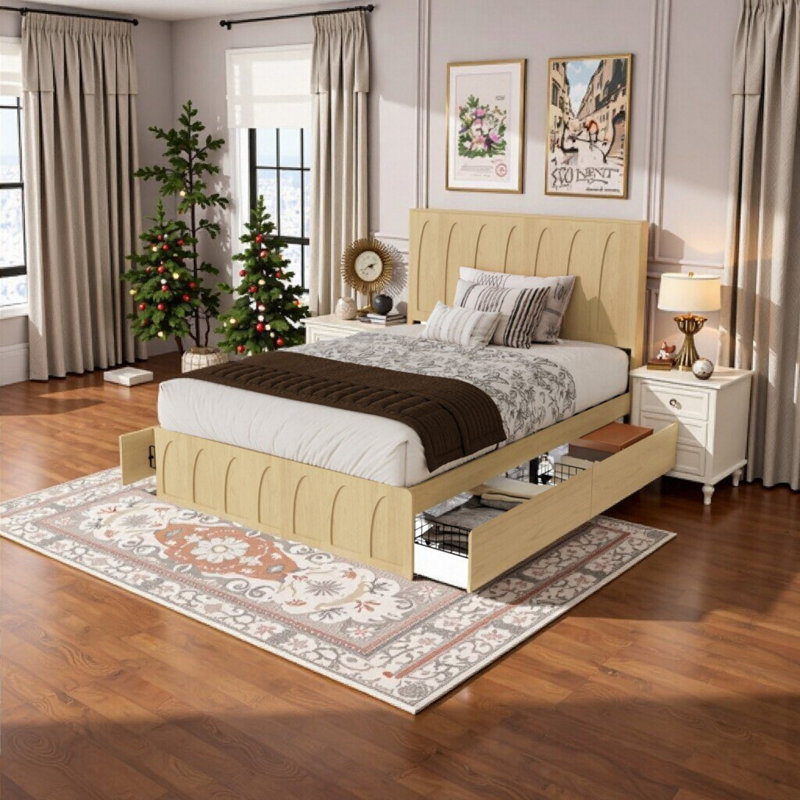 Structure de lit plateforme en bois massif avec tête de lit courbée et tiroirs de rangement coulissants, support en lattes de bois, aucun sommier nécessaire, design minimaliste pour les chambres modernes