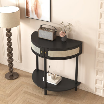 Table d'appoint exquise en demi-lune avec 2 tiroirs et une tablette inférieure