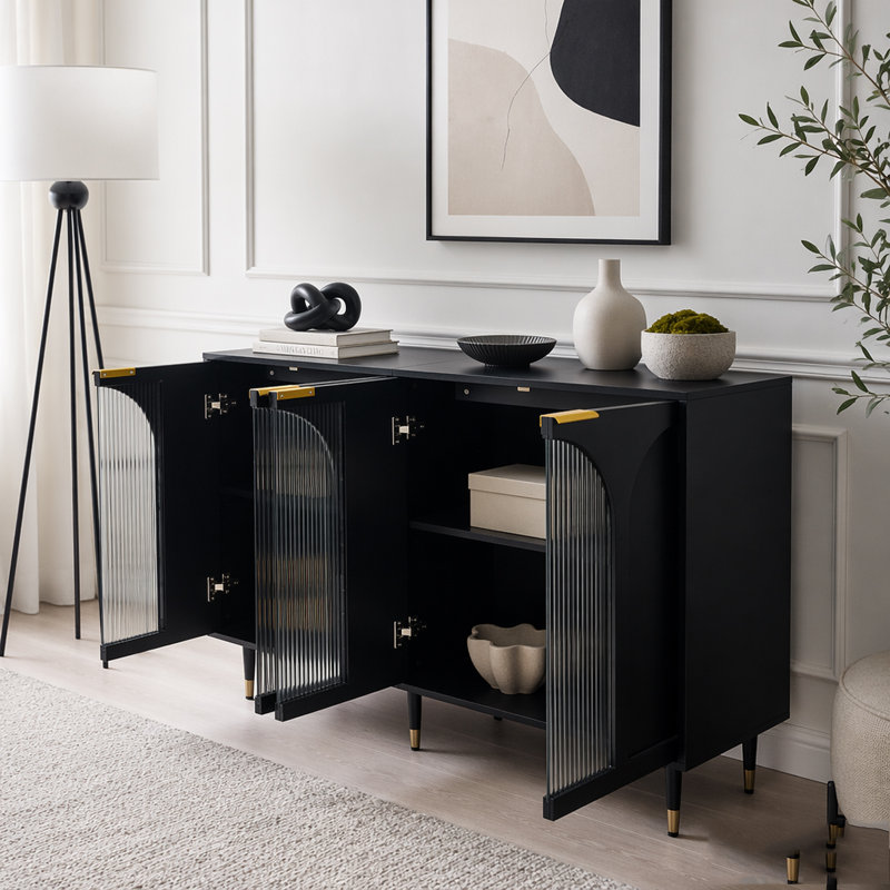 Armoire en bois noir laqué à 4 portes avec portes en verre