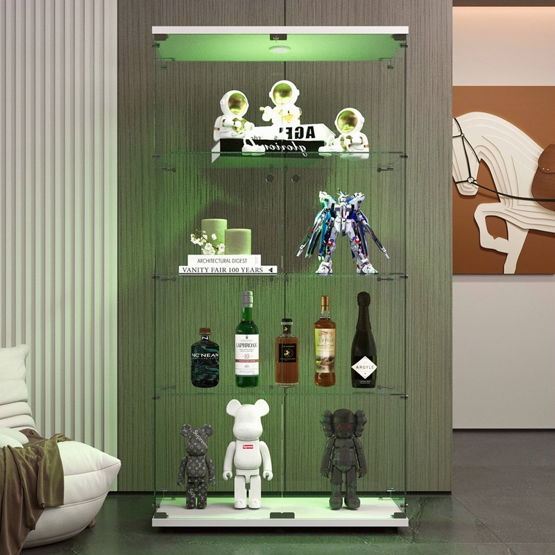 Two-Door LED Lights Glass Display Cabinet 4 Shelves With Door, Floor Standing Curio Bookshelf For Living Room Bedroom Office, 64.7"*31.7"*14.3"