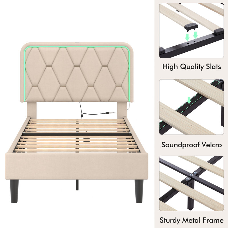 Calil Twin Size LED Bed Frame with Adjustable Button-Tufted Headboard, Upholstered Velvet Platform Bed Frame with Charging Station, Mattress Foundation, Wood Slat Support, No Box Spring Needed