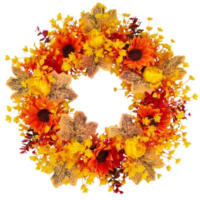Couronne artificielle 17,7 pouces avec tournesols, fleurs jaunes et feuilles d'érable, récolte, porte d'entrée de l'Action de grâce