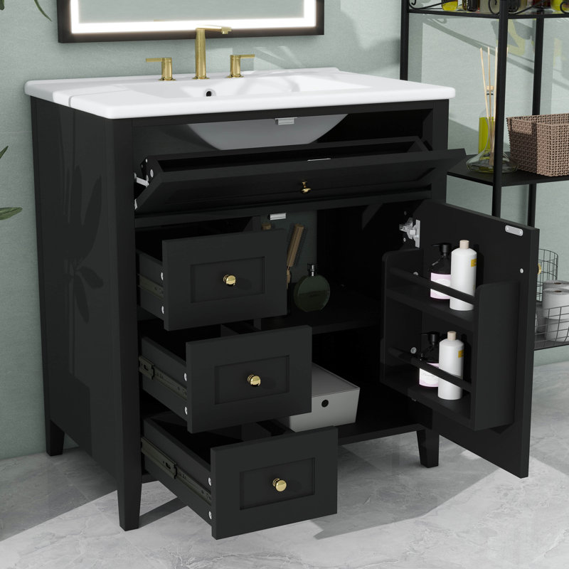 Meuble-lavabo autoportant de 30 pouces avec lavabo, 3 tiroirs à gauche, armoire à droite avec tablettes réglables, panneau de fibres à densité moyenne moderne et fabrication en bois d'hévéa