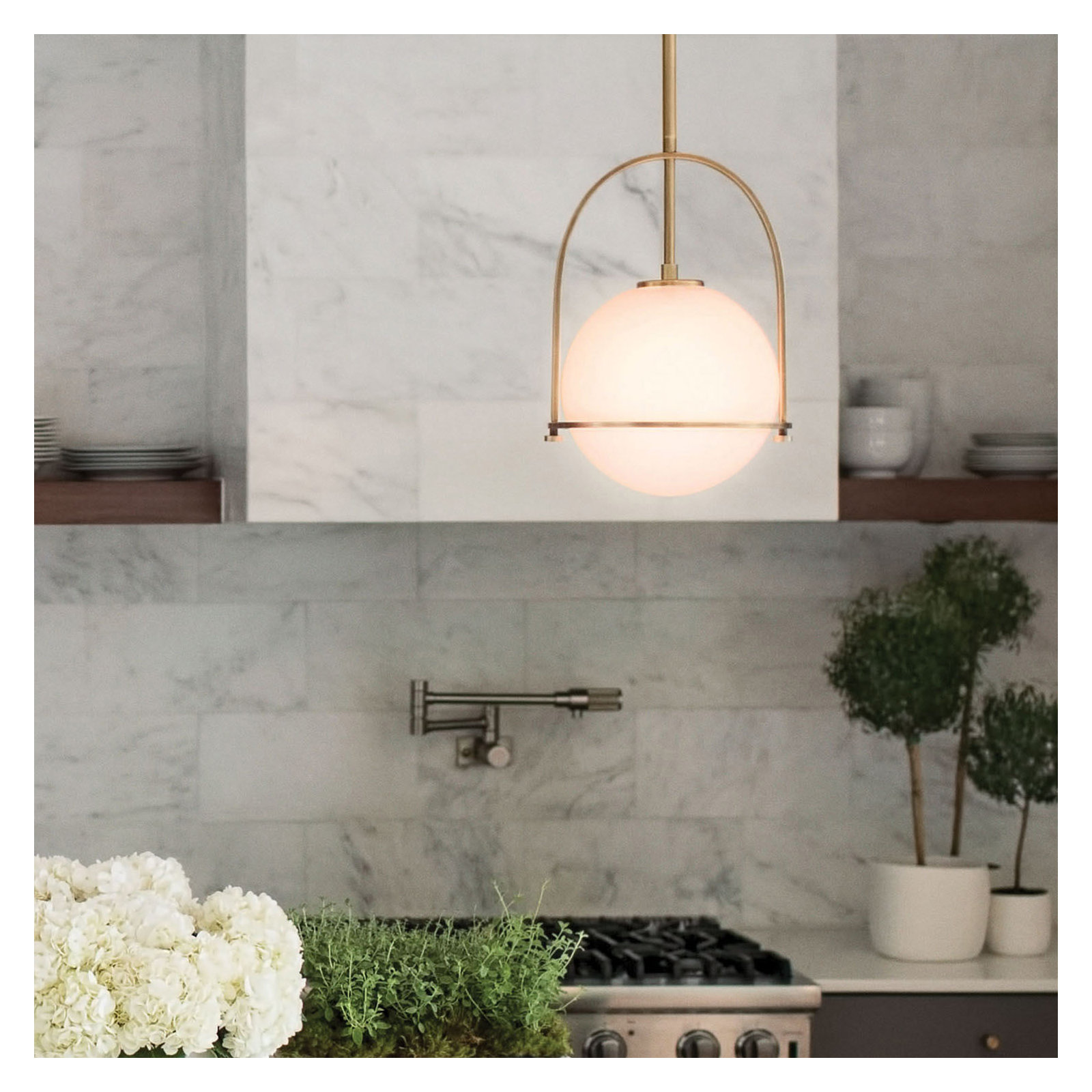 Arie 1-Light Steel Pendant with Globe Shade, 17" H x 11.5" W x 11.5" D, Heritage Brass