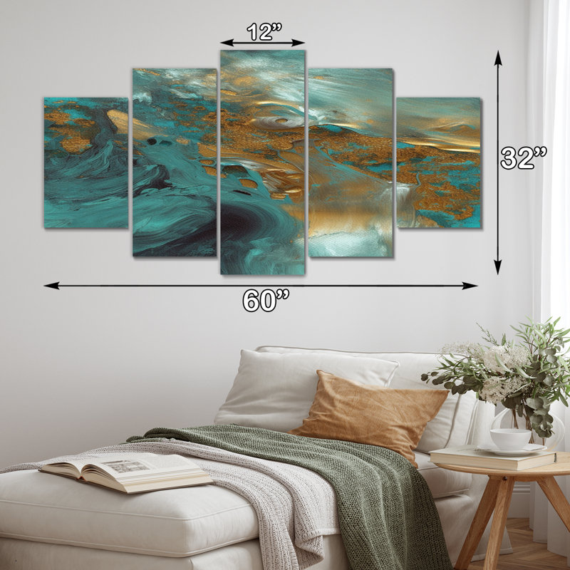 Golden Sunshine Wild Turquoise River Abstract IV - décoration murale abstraite - 5 panneaux