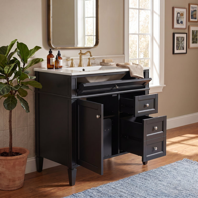 Meuble-lavabo autoportant en bois aggloméré 30 po avec lavabo en céramique blanc, armoire de salle de bain noire avec 2 tiroirs, tablettes de porte réglables et tiroir basculant