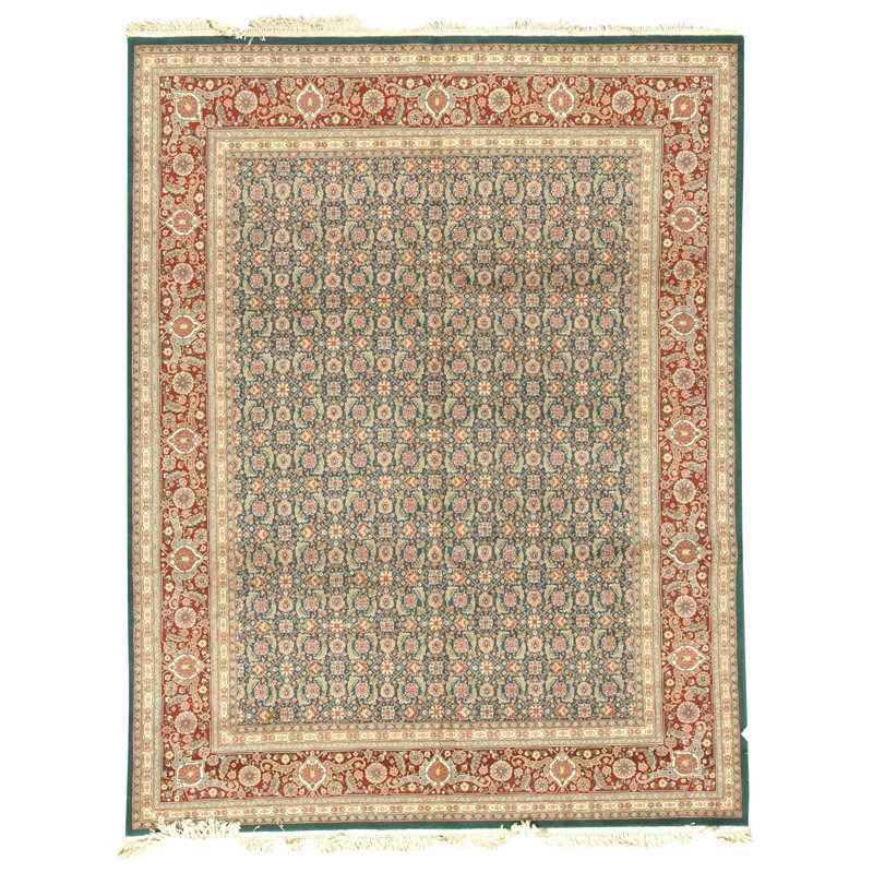 Hand Knotted Wool Oriental Area Rug in Green And Wine