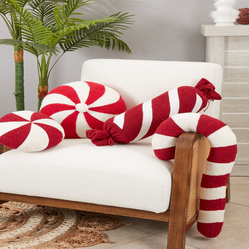 Coussin décoratif rouge et blanc en forme de canne de Noël festive 10 po x 22 po, Rectangle H 22 po x l 10 po