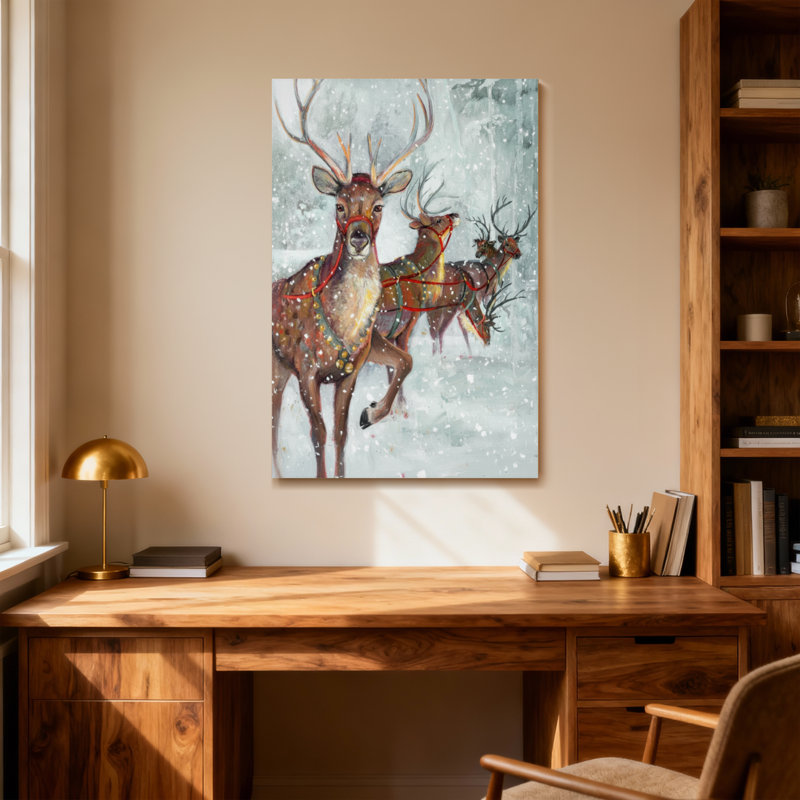 Animals Reindeer Pulling Sleigh In Snowy Winter Scene, 36" H x 24" W