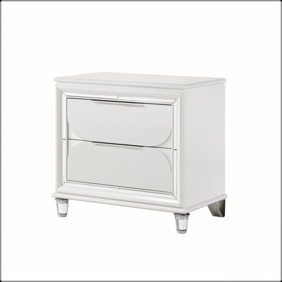 Table de chevet à 2 tiroirs Pearl White avec pieds en cristal acrylique, ajoutant du glamour et du rangement à votre chambre
