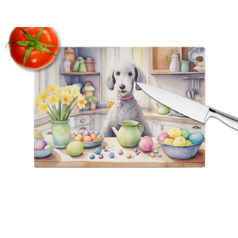 Decorating Easter Bedlington Terrier Glass Cutting Board