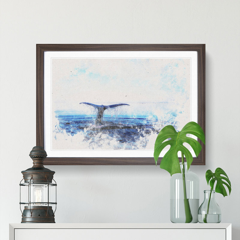 Whale Tail From The Ocean Watercolour - Picture Frame Graphic Art, 62cm H x 87cm W x 2cm D, Walnut