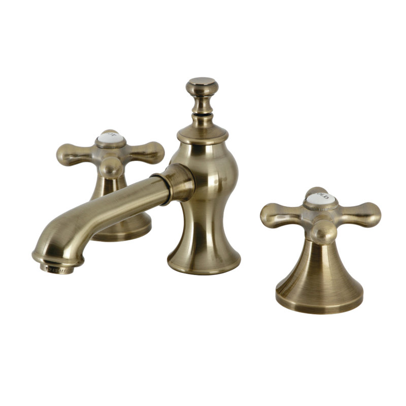 Kingston Brass Vintage Two-Handle 3-Hole Deck Mount Widespread Bathroom Faucet with Brass Pop-Up Drain, Antique Brass