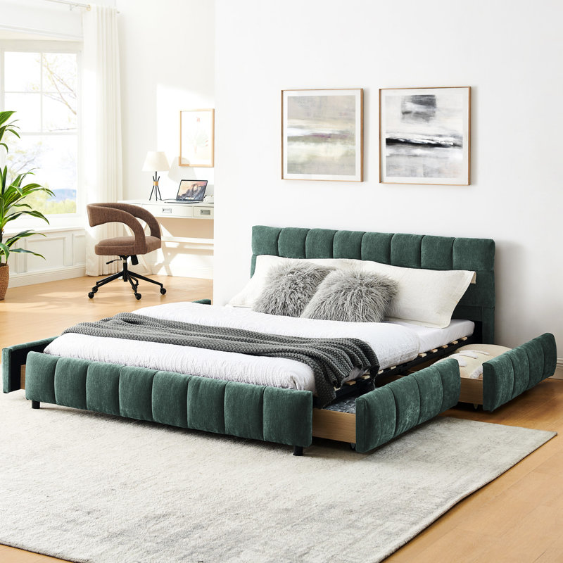 Lit tapissier bleu et grand lit - Confortable avec plateau de rangement pour tête de lit, Bleu et vert