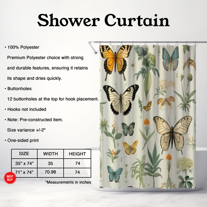 Rideau de douche Botanical Butterflies - Premium, H 74 po x l 71 po