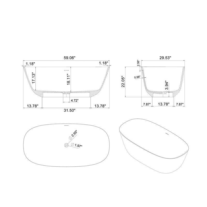 59 inch Freestanding Solid Surface Soaking Bathtub Matte White