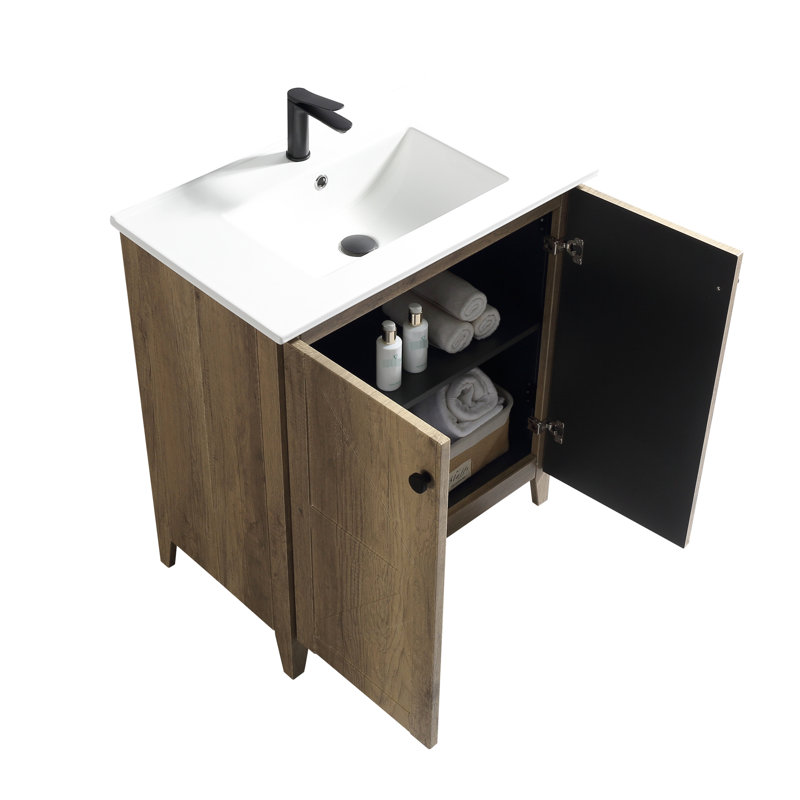Armoire de plancher pliante gris antique de 30 pouces avec évier en céramique, conception pliable permettant d'économiser de l'espace, installation en une minute, charnières silencieuses de style américain à décor texturé 3D, facile à assembler