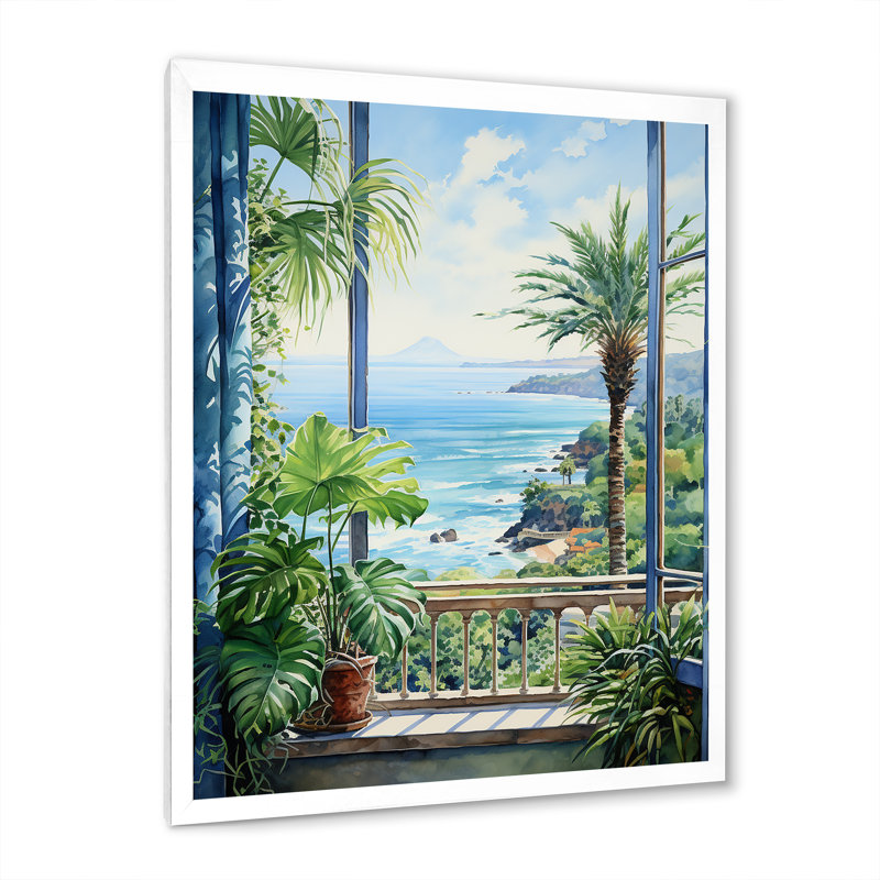 «Tropical Windows To The Beach II - Coastal Windows», art mural, Cadre simple blanc, H 20 po x l 12 po x P 1 po