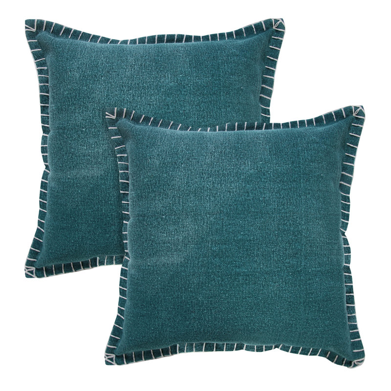 Coussin décoratif contemporain en coton uni lavé à la pierre, fait à la main, H 20 po x l 20 po, Sarcelle