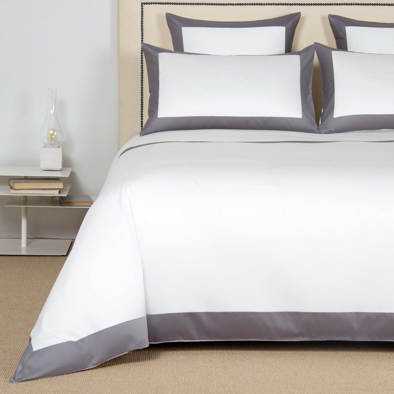 Bold Sateen Duvet Cover, Milk/Slate Gray, Queen Duvet Cover