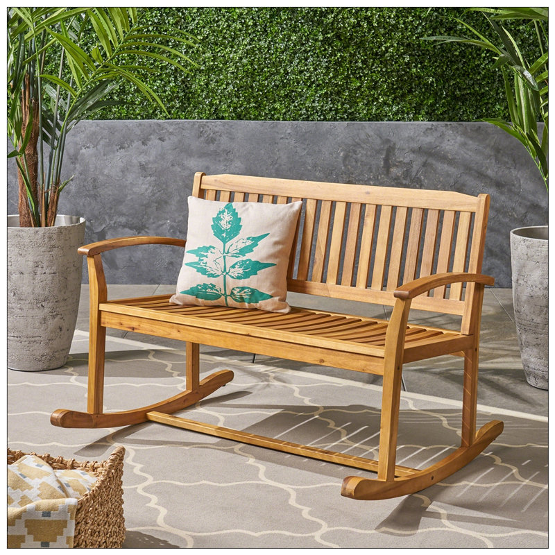 Acacia Wood Patio Rocking Loveseat With Armrests, Slatted Seat And Backrest For Outdoor Relaxation, Brown