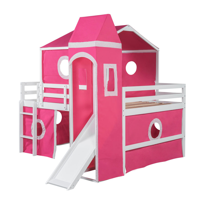 Lit mezzanine double avec tente et tour rose Slide - Rose, Bois, Rose