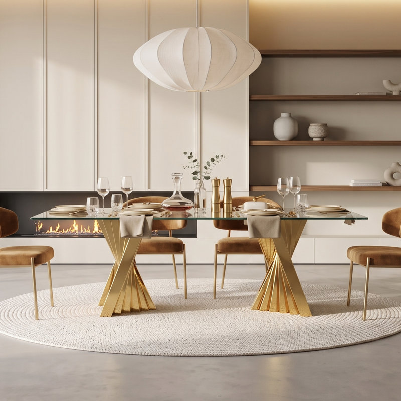 Table de salle à manger 78,74 po rectangulaire en verre trempé avec base en acier inoxydable doré, luxe moderne