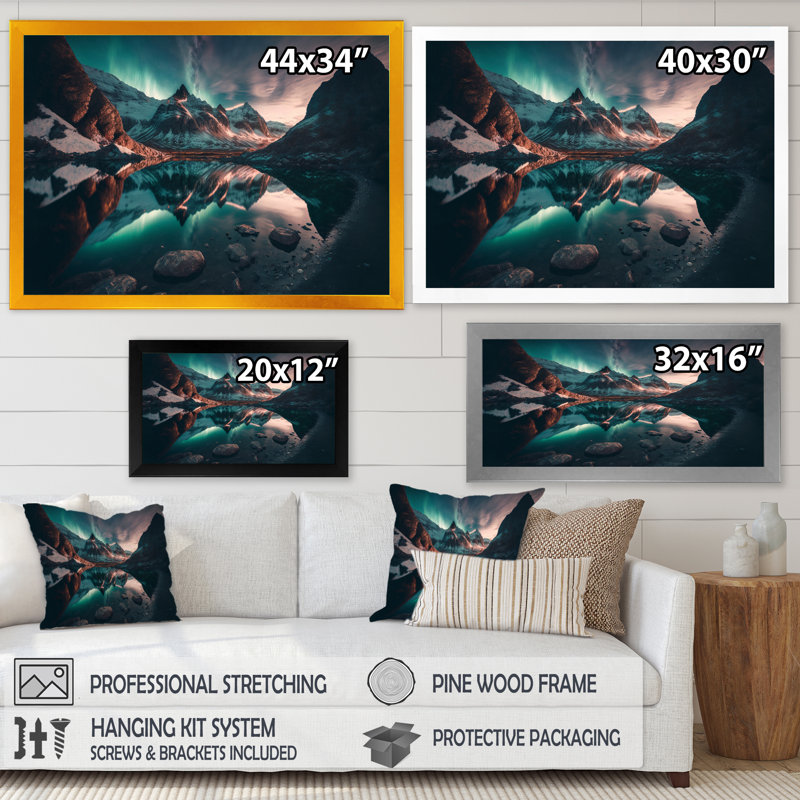 Aurores boréales magiques «Northern Lights VII», reproduction sur toile, Cadre photo noir, H 12 po x l 20 po x P 1 po
