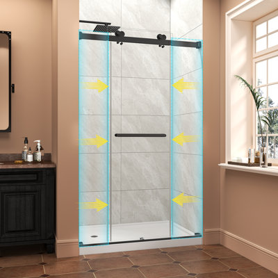 Porte de douche coulissante double à largeur réglable de 43 à 48 po x H 76 po avec porte réglable et demi-cadre de douche réversible avec verre trempé 5/16 po avec film antidéflagrant Nano