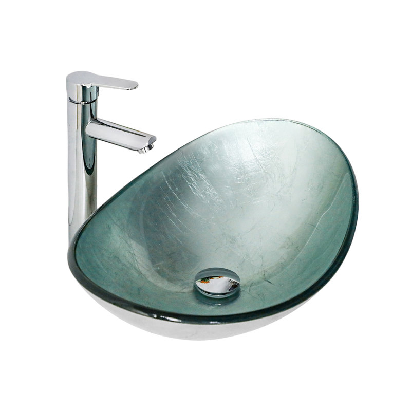 Artistic Tempered Glass Vessel Bathroom Sink With Chrome Drain - Silver Boat Shape Above Counter | Gift Idea