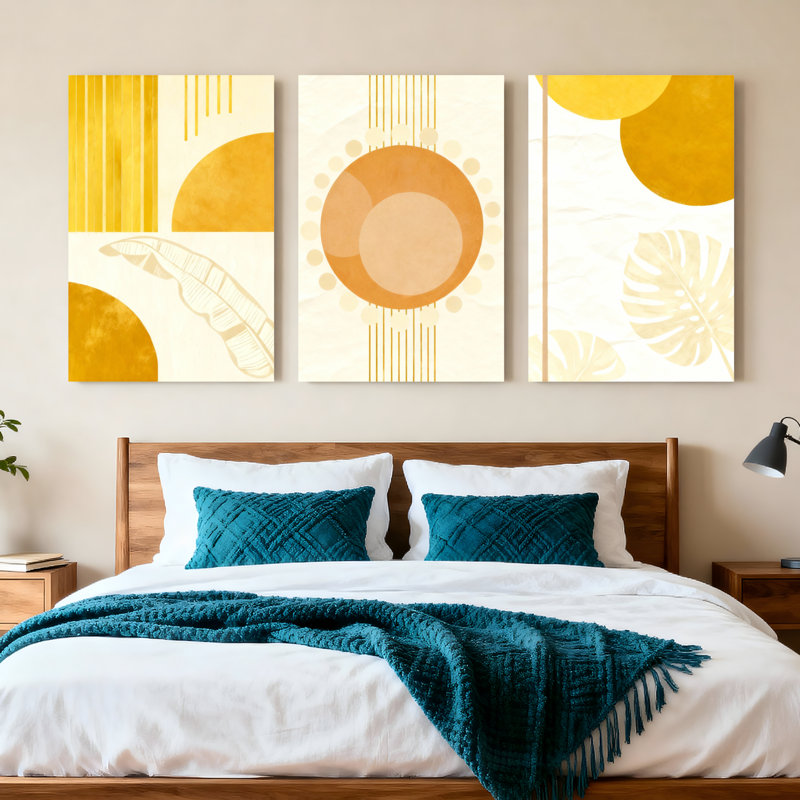 Abstrait art géométrique sur toile jaune, motif minimaliste moderne (ensemble de 3), H 18 po x l 36 po