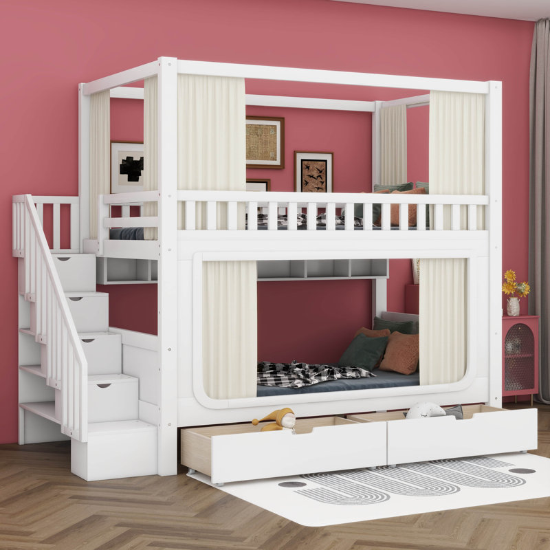 Lit superposé en bois avec escalier de rangement, tablettes de rangement, rideaux d'intimité, lumières DEL et tiroirs sous le lit