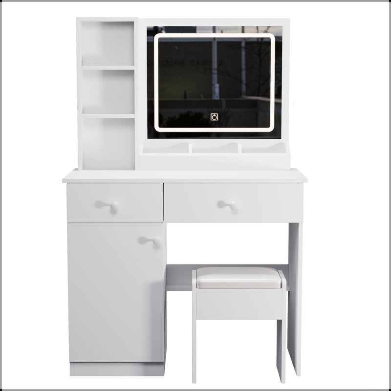 Bureau de coiffeuse élégant avec lumières DEL réglables et rangement spacieux, parfait pour le maquillage et l'organisation des essentiels de beauté.