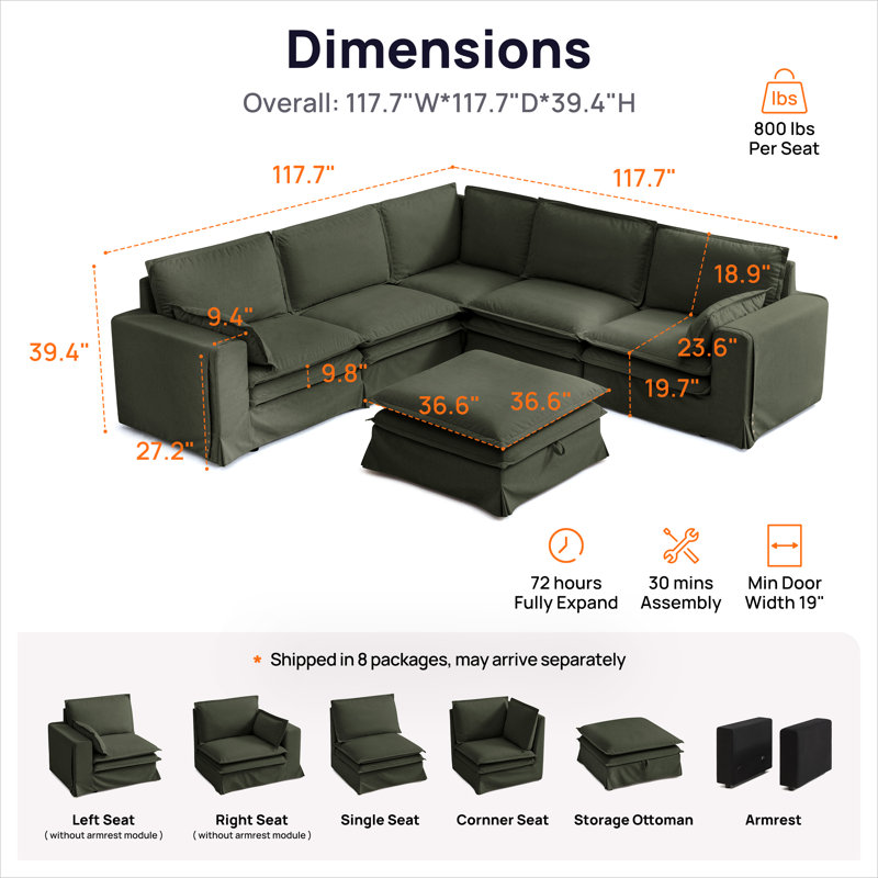 L-shaped Pet-Friendly Fabric Oversized Enveloping Feel Double-decker Sofa With A Storage Ottoman, Green Polyester
